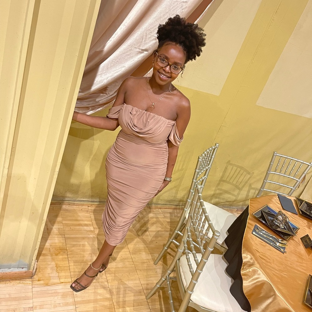 Tan of the shoulder maxi dress